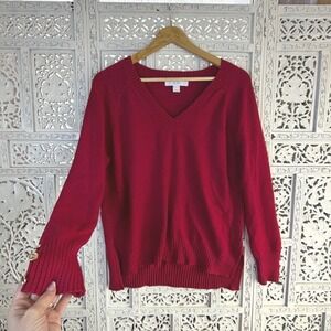 Lilly Pulitzer Kaycee Red V Neck Sweater Sz L Preppy‎ Slouchy Cozy Warm